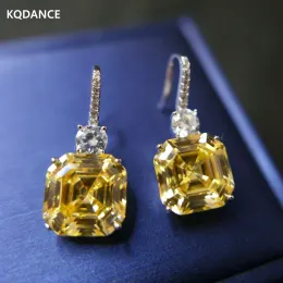 Urok Kqdance Yellow Square Lab Diamond Cytrynowe kamienie cytrynowe upuszczenie kolczyków Sier Złota Pleatowana biżuteria ślubna dla kobiet