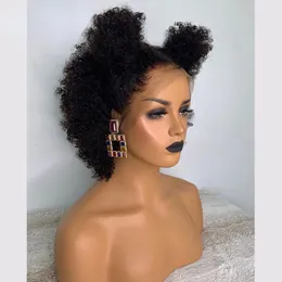 Malezya Kısa Afro Kıvırcık Dantel Ön Peruk 200 Yoğunluk 13x4 Dantel Frontal Kinky Kıvırcık İnsan Saç Çift Çizilmiş Glueless Sentetik Peruk