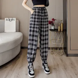 Pantaloni Donna Nuovo Mazzo di piedi Moda Allentato Plaid nero Estate Harajuku Studenti Pantaloni lunghi streetwear