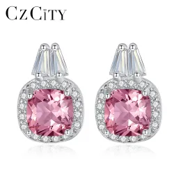 Zaagbladen Czcity Pure Sterling Sier Stud Küpe Kadınlar İçin Pembe Taşlı Güzel Takı Kız Noel Hediyeleri Düğün Gelin Aksesuar