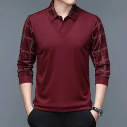 Spring Autumn Men's Pullover Turndown Collar Solid Plaid Panel Randig långärmad t -shirt Polo Bottom Casual Formal Tops 240124