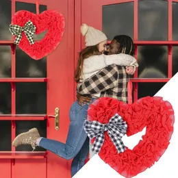 Decorative Flowers Valentines Day Wreath For Front Door Heart Valentine With Plaid Bow Farmhouse Decor