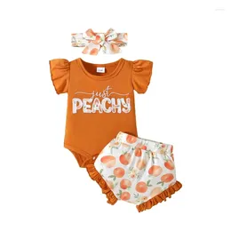 Kläduppsättningar födda spädbarnsflicka sommarkläder ruffle kort ärm bara persika romper persika blommare shorts pannband söt outfit 3 st