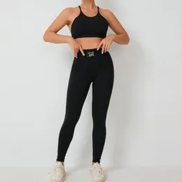 Conjuntos ativos conjunto de ginásio feminino yoga roupas de treino para fitness esportes sutiã cinto leggings 2 peças cintura alta roupas esportivas preto marrom