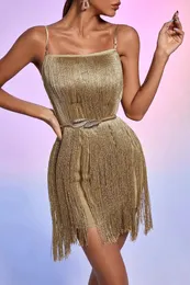 Casual klänningar kvinnor sexiga spaghetti remmar tofsar bälte mini kändis prom klänning vintage vibber vestido de verano fiesta