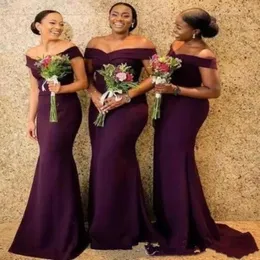 2020 Высокое качество Дешевые элегантные атласные длинные платья подружки невесты с открытыми плечами и рюшами со шлейфом Свадебная гостья Фрейлина Dres259u