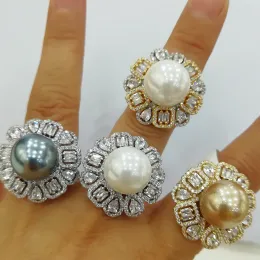 Zespoły Godki nowe modne oświadczenie Pearl Pierścienie dla kobiet Wedding Cubic Zirconia Cocktail Finger Pierścienia