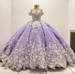 Lavanta Leylak D Çiçek Aplike Quinceanera Elbiseler Dantel Yukarı Korse Balo Prenses Tatlı Prenses Dress Vestidos De Anos