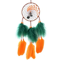 Dream Catcher Green Goose Feder und orangefarbene Truthahnfeder, natürliches Leder, handgefertigter Traumfräger für Home Roätswohnheit 1221234