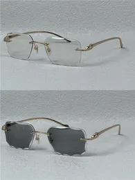 As cores das lentes dos óculos de sol fotocromáticos mudaram ao sol, de cristalino para escuro, lente com corte de diamante, armação de metal sem aro para uso externo 563651 com caixa e associação