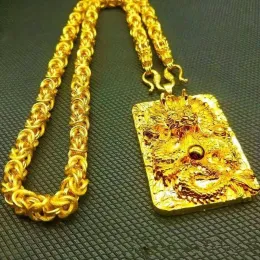 Hängen Simulering 100% Pure 18K Gold Real Gold Men's Round Pärlor Dragon Necklace Gold Color Chain Pendant Valuta Tyrant Domineering