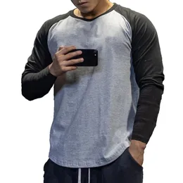 Casual manga longa camiseta dos homens de fitness algodão retalhos camiseta masculino ginásio treino topos primavera outono correndo roupas esportivas 240125