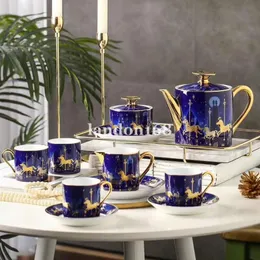 Luxurious golden-rimmed Blue color Carousel coffee set Bone china cups and saucers Porcelain tea set 15 pcs Ceramic Tableware set 278p