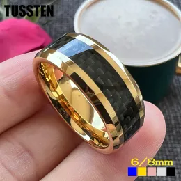 Band dropshipping toussten 6/8mm svart kolfiber ring klassisk volfram bröllop band för män kvinnor glänsande avfasning kanter komfort passform