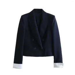 Trajes de mujer, chaqueta con puños de costura a la moda para mujer, abrigo Vintage de manga larga con doble botonadura, prendas de vestir exteriores informales para mujer elegantes