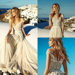 2019 Yeni Yaz Işık Şampanya Gelinlik Boho Beach Chiffon Dantel Bir Çizgi Aplikeler Uzun Gelin Gowns Robe De Mariee BC1819261F