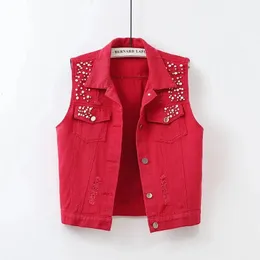 Colorful Denim Jacket Waistcoat Women's Spring Summer Slim Hole Beaded Sleeveless Coat Female Short Casual Vest Outwear Tops 240118