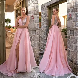 Cute pink prom dress a line split v neck long formal evening dresses elegant embroidery appliques backless party dresses for special occasions promdress