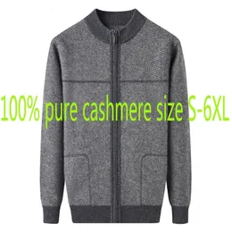 Mens Large Fashion 100%Pure Cashmere Cardigan Men Mandarin Collar Computer Sticked Thick Casual Tröja Coat Plus Size S-6XL 240124