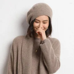 Berets Cashmere Hat Autumn And Winter Women's Knitted Casual Baotou Double Stranded Flower Soft Waxy Beret