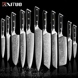 Xituo conjunto de facas damasco, 1-9 peças, cabo g10, núcleo vg10, 67 camadas, aço damasco, faca santoku, cutelo, faca de pão 240118