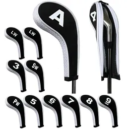 Alta qualidade 12 pçs de borracha neoprene golfe cabeça capa clube ferro putter proteger conjunto número impresso com zíper longo pescoço 240122