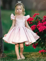 Vestidos de menina flor vestido rosa saia curta cetim manga folha de lótus casamento bonito criança primeira comunhão festa