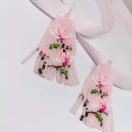 Dangle Earrings Fringed Hand Woven Simplicity Fashion Beading Versatile Pink Flower Bohemia Alloy Female Rice Bead