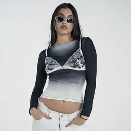 女性のTシャツファッション3DプリントグラフィックTrashy Y2K 2000S Streetwear Long Sleeve Crop Tops 2024 Womans Clothing