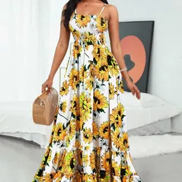 Повседневные платья 2024. Весенне-летняя женская одежда. Желтое длинное праздничное платье на бретельках с принтом подсолнуха.