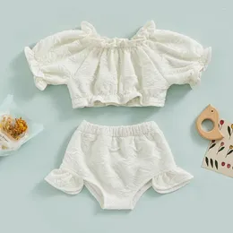 Conjuntos de roupas de verão da criança do bebê menina 2 pçs babados roupas de linho terno casual manga curta puff colheita topos shorts conjunto crianças 0-4 anos