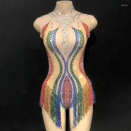 Palco desgaste colorido strass borla collant cristal franja dança bodysuit ginástica competição traje de desempenho acrobático