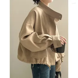 Damenjacken WDMSNA Koreanische Version Stehkragen Jacke Strickjacke Herbst Lose Saum Kordelzug Kurze Frauen Langarm Mantel