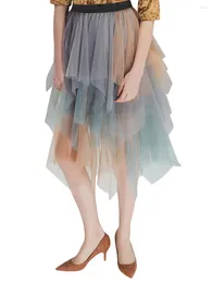 スカート女性ファッションミディコントラスト色固形弾性ハイウエスト不規則なフリルマルチレイヤーチュールチュットスカート