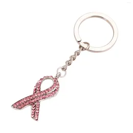 Keychains Fashion Pink Ribbon Rhinestone Keychain Breast Cancer Awareness Key Holder HIV Badge Jewelry For Door Car 10cm Long