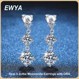 Earrings EWYA Luxury Real D Color 3.2cttw Moissanite Drop Earring for Women Girl S925 Silver 3Stone Diamond Long Tassel Dangle Earrings