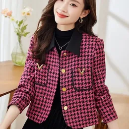 Kvinnans jacka Small Fragrance Houndstooth Tweed Coat Autumn Winter 2024 Slå ner krage toppar koreanska modekläder A14 240124