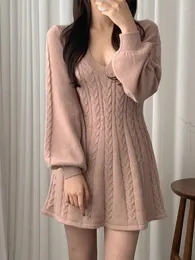 Casual Dresses Twist Knitted Dress Women V Neck Lantern Sleeve Mini Female A-line 2024 Early Spring Solid All-match Lady Short Robe