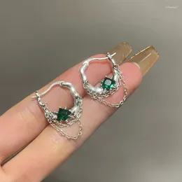 Pendientes de aro con cadena de circonia esmeralda para mujer y niña, joyería Retro, regalo para fiesta