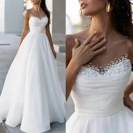 Abiti da sposa linea A Sheer Neck a strati Organza Perline Perle Abito da sposa drappeggiato per la sposa Sweep Train per matrimonio per donne arabe nere africane D130