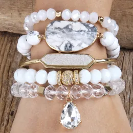 Bracelets MD Fashion Bohemia Beaded Jewelry White Color 5pc Multi Stack Stone Bracelets Set