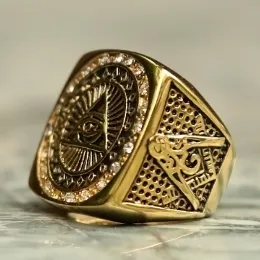 Bandringar vintage tung 14k gult guld alla ser ögonring för män kristallguld färg mason masonisk punk manlig ring mode smycken gåva