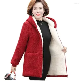 Manteau en laine d'agneau pour femmes d'âge moyen et âgées, haut à capuche, veste en velours et coton, ample, mi-long, pardessus d'hiver 2024