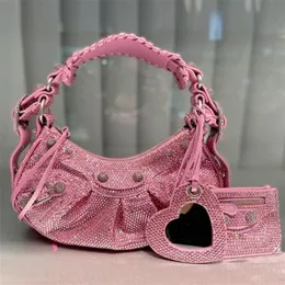 Borsa da moto Borsa a tracolla con strass 5a Borse a tracolla di qualità Vera pelle a forma di cuore con pendente a specchio Chiusura con cerniera Wo265g