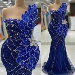 2024 ASO EBI Royal Blue Mermaid Prom Kleid Perlen Kristalle Eine Schulterabend formale Party Zweite Empfangsgeburtstag Verlobungskleider Kleider Robe de Soiree ZJ68