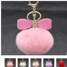 Bowknot Fur Pom -keychain Real Rex Rabbit Fur Ball Ball Chains Fur Key Ring Bead Chain for Bag 2634