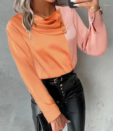 Women's T Shirts 2024 Autumn Spring Female Clothing Colorblock Asymmetrical Neck Ruched Top Elegant T-Shirt Pullover Tops Outfits