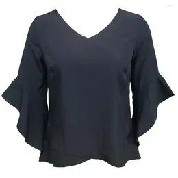 Damesblouses Effen kleur Trompetmouwen Comfortabele herfstblouse Zacht ademend V-hals Lente zomertop met voor dames