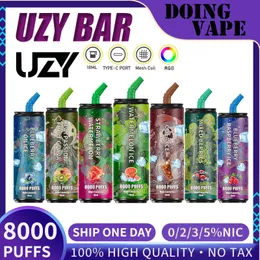 Original UZY Bar 8000 Puff Descartáveis E Cigarros 18ml Pod Bateria Recarregável Eletrônico Cigs Puff 8K 24 horas de envio Kit Vape Descartável Personalizável