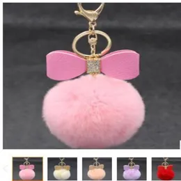 Bowknot Fur Pom -keychain Real Rex Rabbit Fur Ball Ball Chains Fur Key Ring Bead Chain for Bag 310F